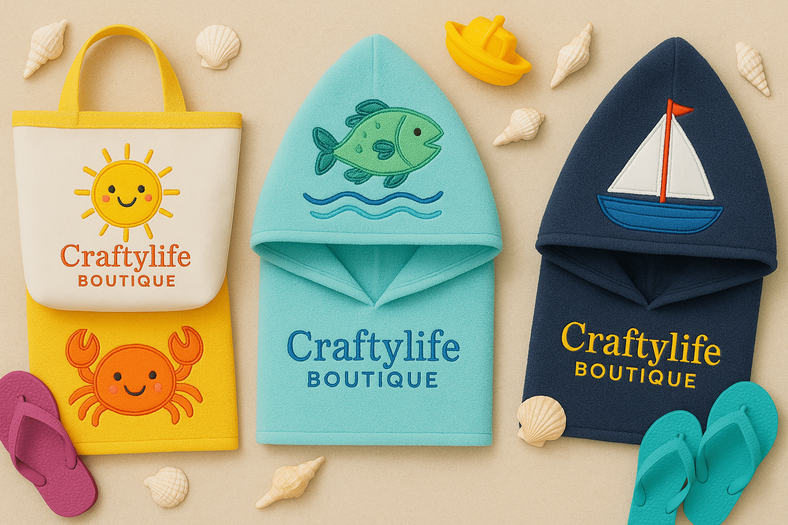 Craftylife Boutique embroidered kids' beach set — a sun-and-crab tote bag with fish and sailboat hooded towels