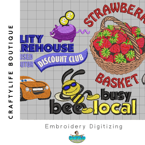 Custom embroidery digitizing samples by Craftylife Boutique, including a strawberry basket, sports car, and 'busy bee local' logo