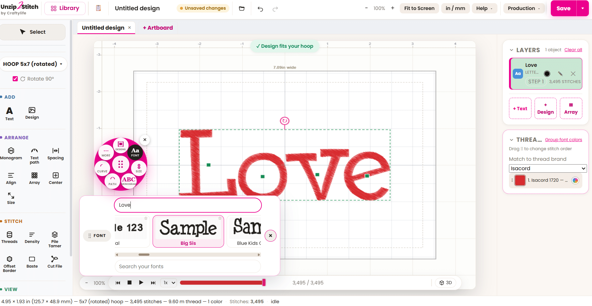 Typing a word in Unzip2Stitch and choosing from your own embroidery fonts