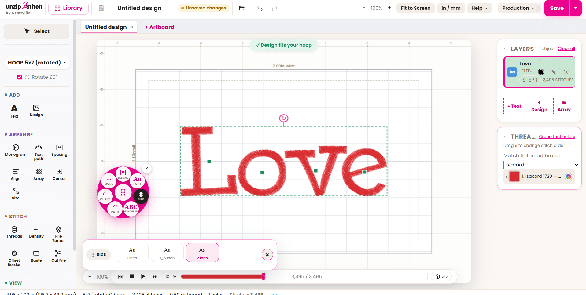 Sizing the lettering in Unzip2Stitch