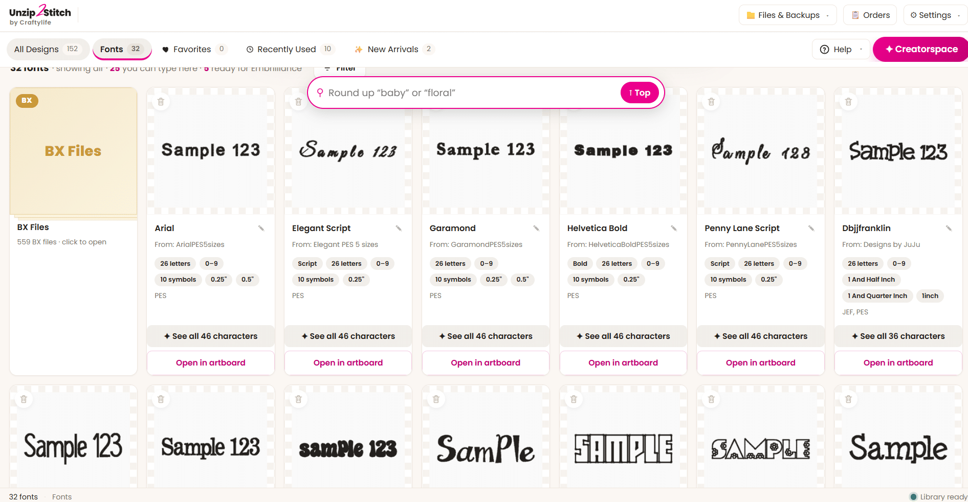 The Unzip2Stitch font library - every font you own cataloged, including your BX files