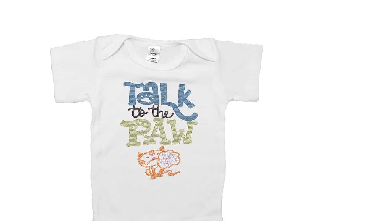 Talk to the Paw embroidery on a baby bodysuit