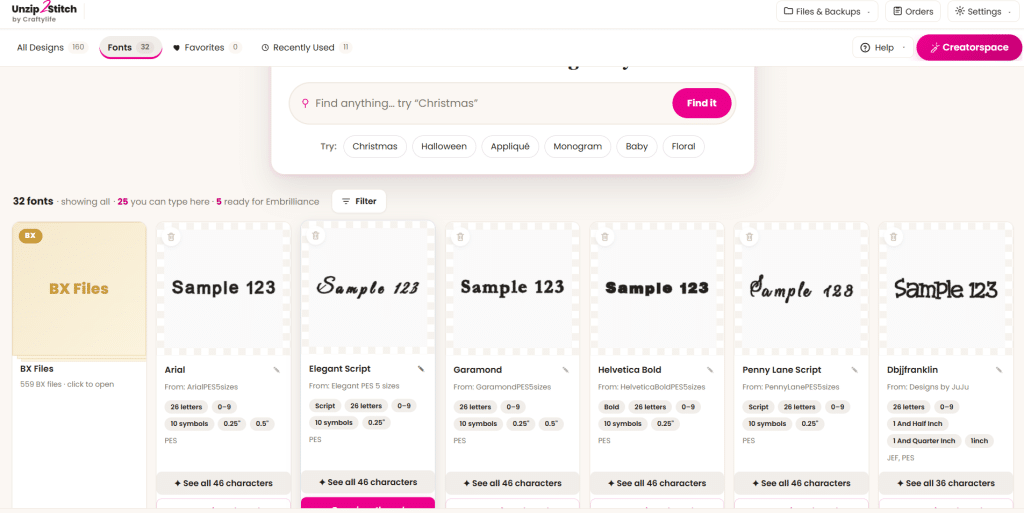 Unzip2Stitch visual font library with alphabet previews, available sizes and characters