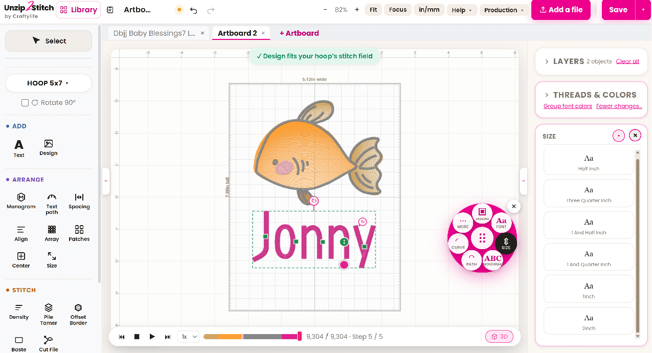 Choosing an included embroidery alphabet size in Unzip2Stitch