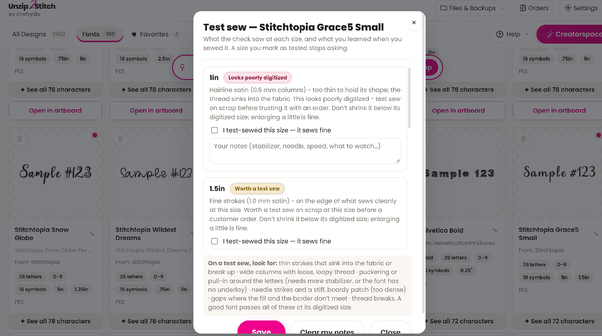 Unzip2Stitch test-sew information with size guidance and space to save stitching notes