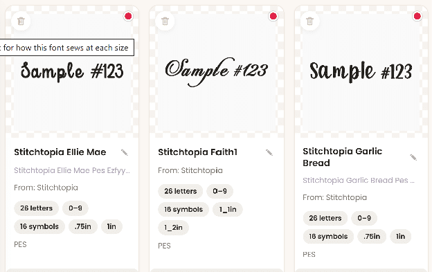 Red dots in the top-right corners of Unzip2Stitch Font Library cards